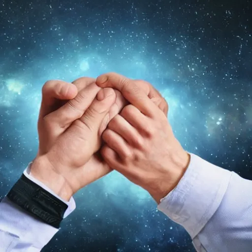 Prompt: two male hands trying to hold a galaxy, high detail of two hands, sci fi