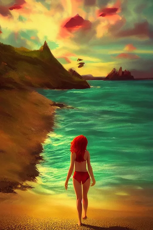 Prompt: red haired girl, green bikini, beach surreal photography, sunrise, dramatic light, impressionist painting, colorful clouds, digital painting, artstation, simon stalenhag raytracing