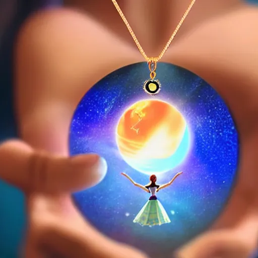 Image similar to a closeup of a woman wearing a neckless on the neck with a glowing planet Saturn as the pendant, the rings are glowing around the planet, the woman's hand reaching for the pendant, in the style of toy story Pixar movie