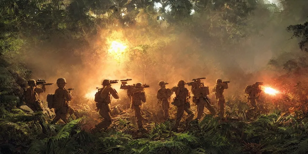 Prompt: a squad of american soldiers ambushed by the vietcong in the jungle illuminated by flare, beautiful, high contrast, cinematic, art by craig mullins