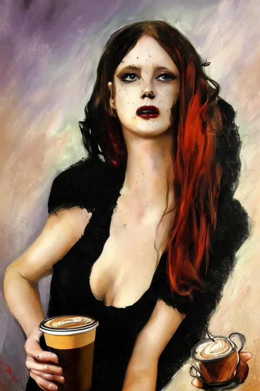 Prompt: painting in style of james gurney, very young, dark angel of coffee, the extremely hot and sexy, shiny black dress, long red hair, freckles, orange halo around her head, black wings, huge cup of coffee