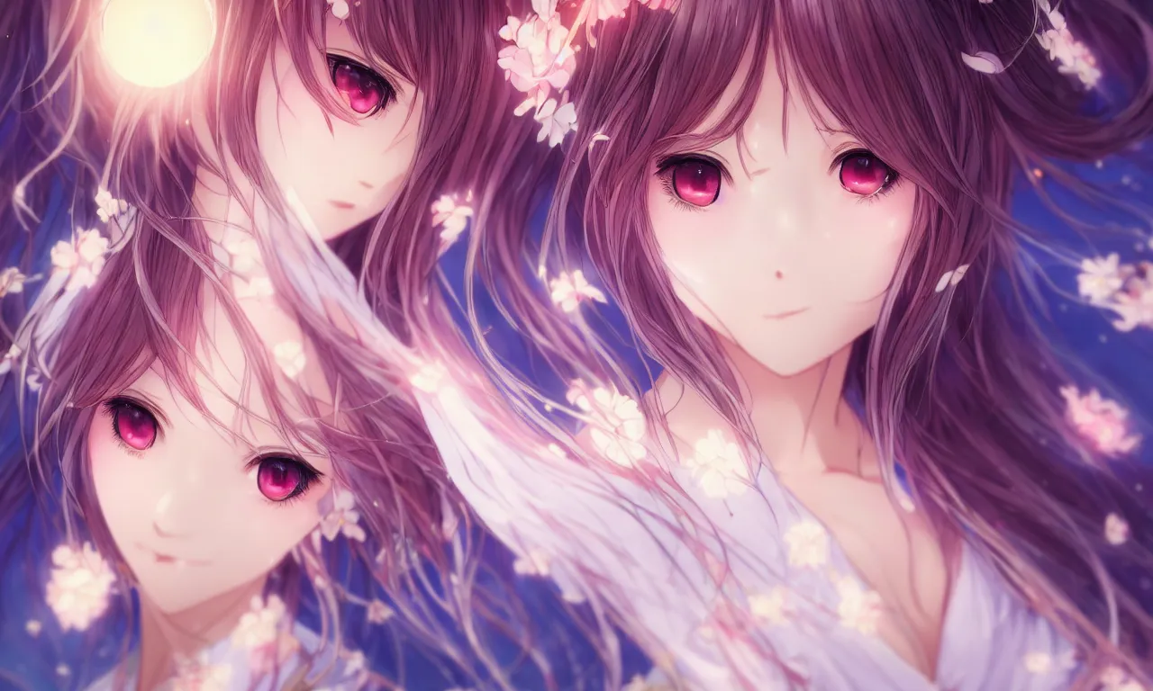 Image similar to portrait three beautiful anime girls wear coctail kimono closeup macro | | sunny night, full moon, dreamlike art, realistic shaded, smile, good looking, hyper details, 4 k realistic, cryengine, realistic shaded lighting poster by artgerm, ross tran, fuji choko, 8 k resolution, trending on artstation, luxury