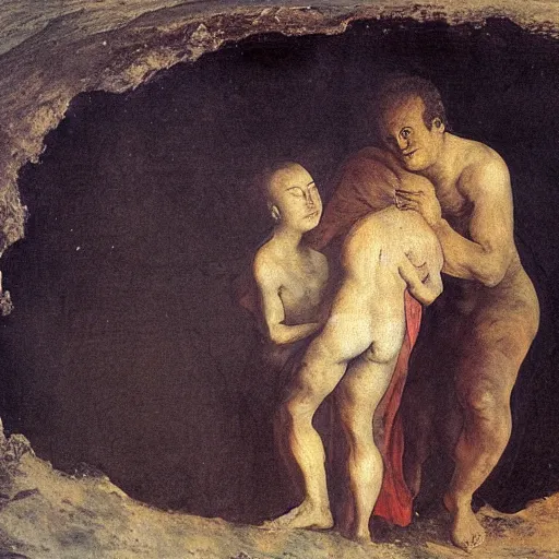 Image similar to panicking family hugging under pompeii lava, sunset, expressionism goya style