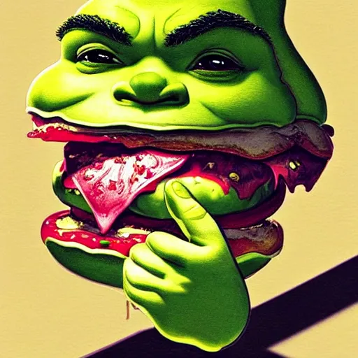 Image similar to prompt : shrek eating burger portrait soft light painted by james jean and katsuhiro otomo and erik jones, inspired by akira anime, smooth face feature, intricate oil painting, high detail illustration, sharp high detail, manga and anime 1 9 9 9