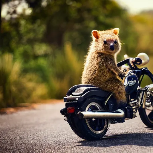 Image similar to a quokka riding a Harley Davidson motorbike. Award winning photography. HD. 8K