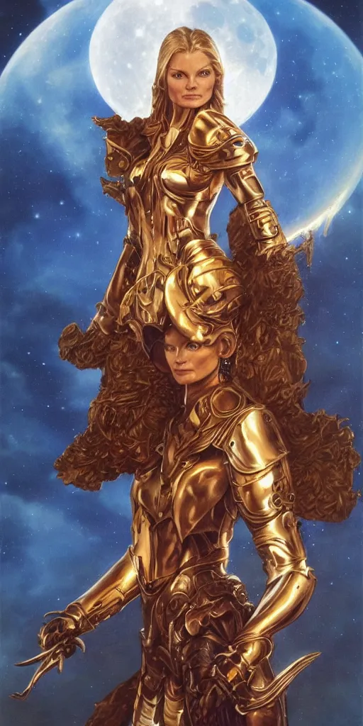 Prompt: portrait of a stunningly beautiful paladin in copper plate armor who looks like young michelle pfeiffer, moonlight in the background by boris vallejo and julie bell, full body, soft details, soft lighting, HD, elegant, intricate, masterpiece