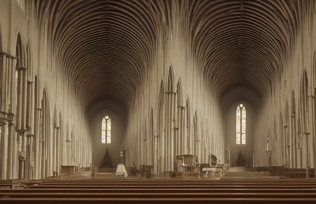 Image similar to in this church interior, vertical lines suggest spirituality, rising beyond human reach toward the heavens. low polygon count cloister quadrangle intact flawless ambrotype from 4 k criterion collection remastered cinematography gory horror film, ominous lighting, evil theme wow photo realistic postprocessing magic painting by rob gonsalves directed by kurosawa