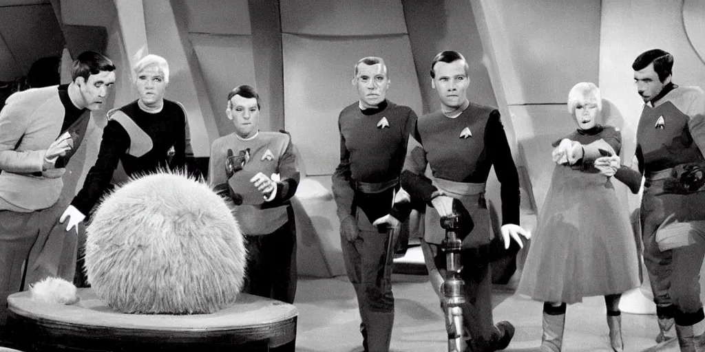 Image similar to a scene from Trouble with Tribbles, an episode of the original Star Trek series