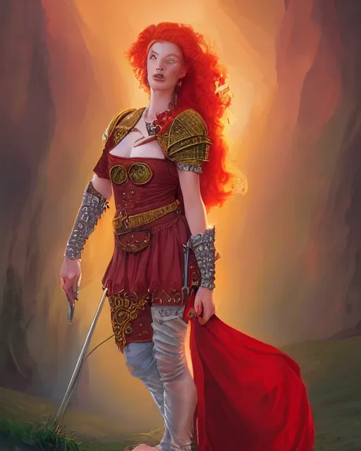 Prompt: fantasy portrait of a happy young women looking with red hair and freckles, slight smile, renaissance colorful dress, leather armor, music instrument in hand, backlit, digital painting by Michael Whelan and and boris vallejo, dnd illustration, trending on Artstation, sfw