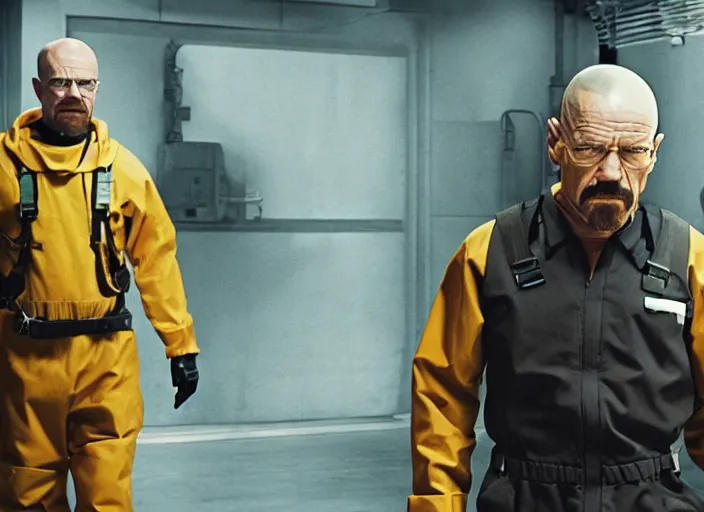 Image similar to film still of Walter White as Gordan Freeman wearing Black Mesa Jumpsuit in the Half Life Movie, 4k