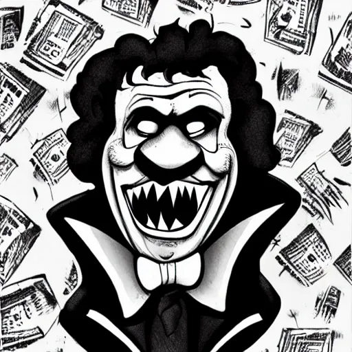 Image similar to a Pop Wonder scary horror themed goofy-hilarious-character Beethoven, dime-store-comic drawn with charcoal and pen and ink, half-tone-line-stacking