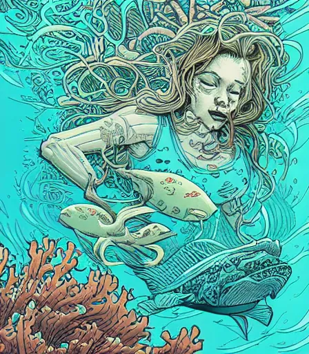 Image similar to Underwater by James Jean and dan mumford and strongstufftom