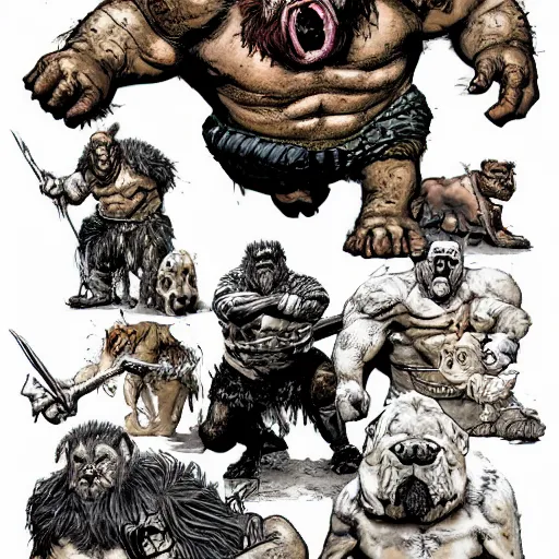 Prompt: grinning hybrid [ bulldog and man ] barbarian, fantasy warrior, drooling, ultra detailed, 4 k, style of norman rockwell, style of richard corben.