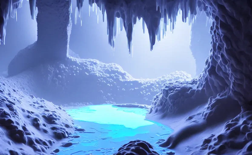 Image similar to liquid nitrogen and with red water-cooling coolant flowing through latent representations of ice caverns by centrifugal forces, gaming pc components sticking out the walls, high detail, high contrast, low-poly elements!!!!!, trending on artstation, octane render, subsurface scattering, 4k