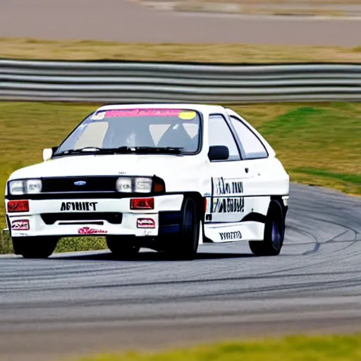 Prompt: a 1 9 9 2 ford escort rs cosworth driving on a race track
