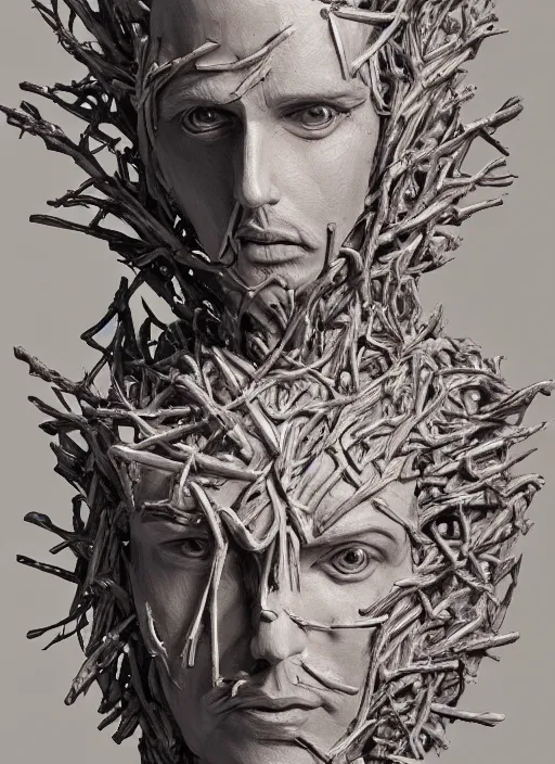 Image similar to sculpture of Matt Bellamy made of wood, portrait, female, future, wood, tree, harper's bazaar, vogue, magazine, insanely detailed and intricate, concept art, close up, ornate, luxury, elite, elegant, trending on artstation, by ruan jia, by Kenneth Willardt, by ross tran, by WLOP, by Andrei Riabovitchev,