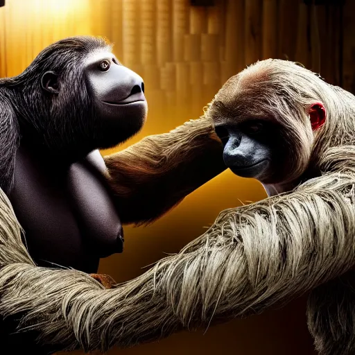 Image similar to a sloth arm wrestling with a gorilla, muscular, intense, action, high definition, highly detailed, cinematic lighting, 4K