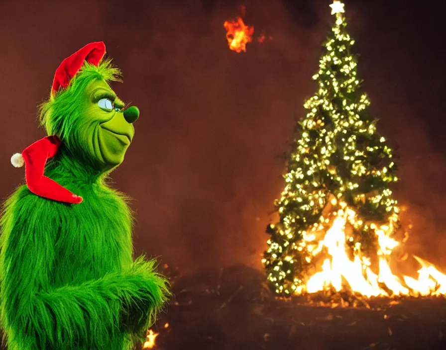 Prompt: the grinch smiling while looking at a 100 ft Christmas tree burning