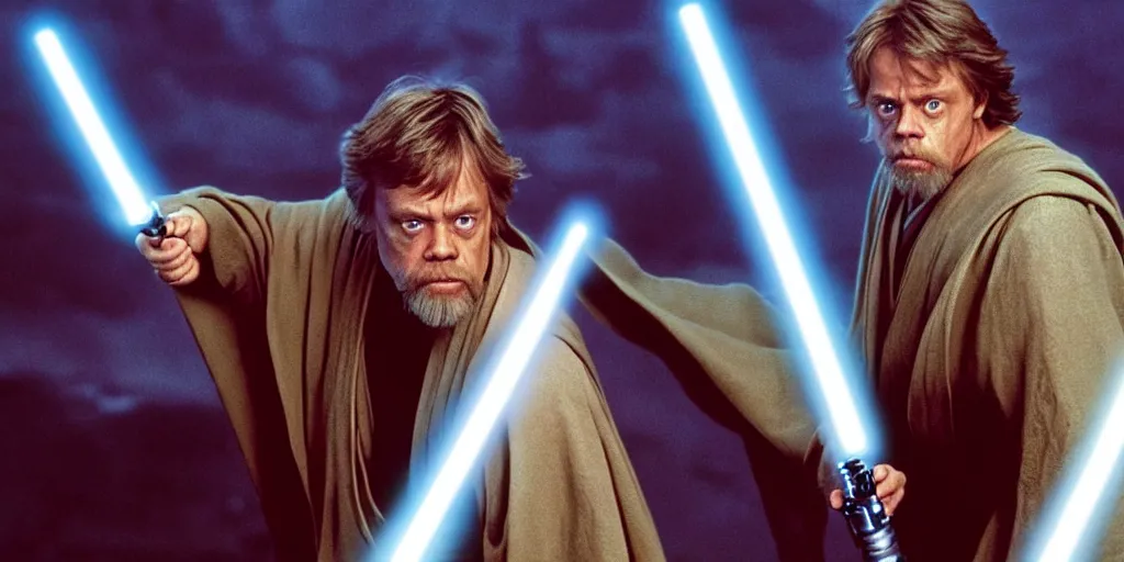 Image similar to A full color still of Mark Hamill as Jedi Master Luke Skywalker having a lightsaber fight with Sith Lords, with large windows showing a sci-fi city outside, at dusk at golden hour, IMAX, wideshot, from The Phantom Menace, directed by Steven Spielberg, 1997