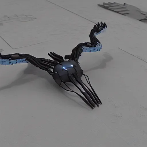 Image similar to hard surface, robotic platform, based on bird, 6 claws, unreal engine