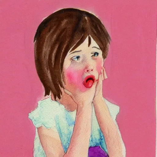 Image similar to a dark haired young girl in a pink dress, shocked expression, hand over mouth, 1990s bedroom, children's book illustration, watercolor, line drawing