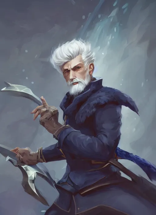 Image similar to a highly detailed illustration of short slick back white haired man wearing dark blue coat, dramatic wielding sword pose, intricate, elegant, highly detailed, centered, digital painting, artstation, concept art, smooth, sharp focus, league of legends concept art, wlop