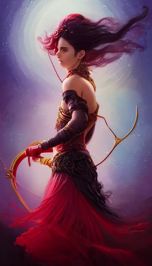 Image similar to portrait of magical archer , dark fantasy, gradient red black, dreamy and ethereal, (colour) eyes, one head, golden ratio, peaceful expression, ornate frilly dress, fantasy, intricate, elegant, rainbow bubbles, highly detailed, digital painting, artstation, concept art, smooth,b sharp focus, illustration, art by artgerm and greg rutkowski and alphonse mucha