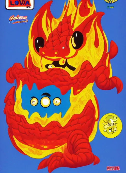 Image similar to lava - os cereal box front, cereal that tastes like lava, cartoon dragon mascot, 1 9 9 3