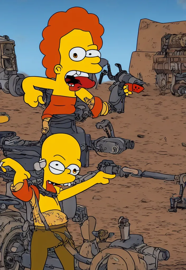 Image similar to Lisa Simpson Fury Road portrait, Borderlands screenshot 4k render