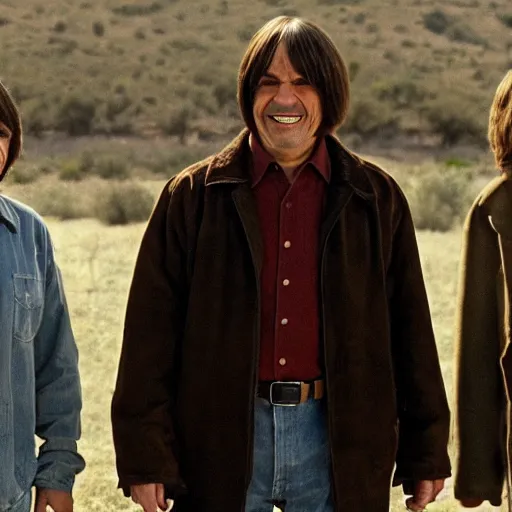 Prompt: still from no country for old men featuring anton chigurh but his head is really tall and he is smiling like a maniac