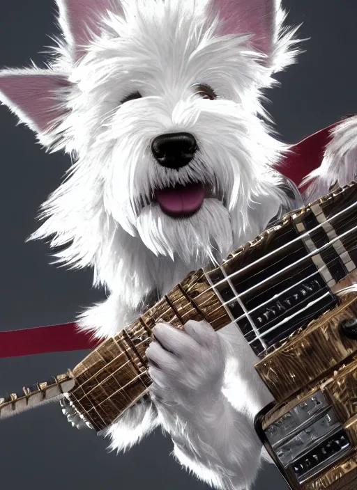 Image similar to a high detail shot of an Anthropomorphic west highland white terrier as a heavy metal guitarist, photorealism, volumetric lighting, epic lighting, artstation, hd