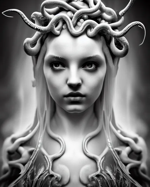 Image similar to mythical dreamy underwater artistic black and white photo of a translucent beautiful young female angelic - medusa - vegetal - doll, highly detailed, intricate crystal ivy jelly ornate, poetic, translucent algae ornate, digital art, octane render, 8 k artistic photography, photo - realistic, hg giger flora borsi