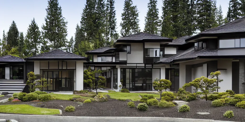 Image similar to large modern residence, washington state japanese style, flared japanese black tile roof, many large windows with light, elegant