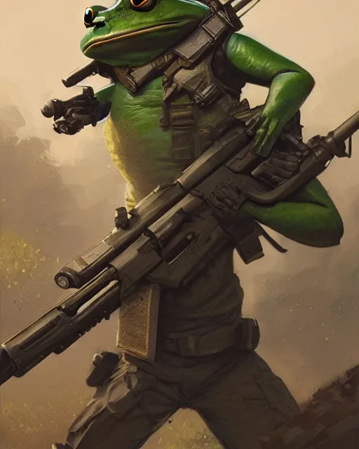 Prompt: frog soldiers with guns | | realistic shaded, fine details, realistic shaded lighting painting by greg rutkowski, diego gisbert llorens, magali villeneuve, artgerm, jeremy lipkin, michael garmash, rob rey