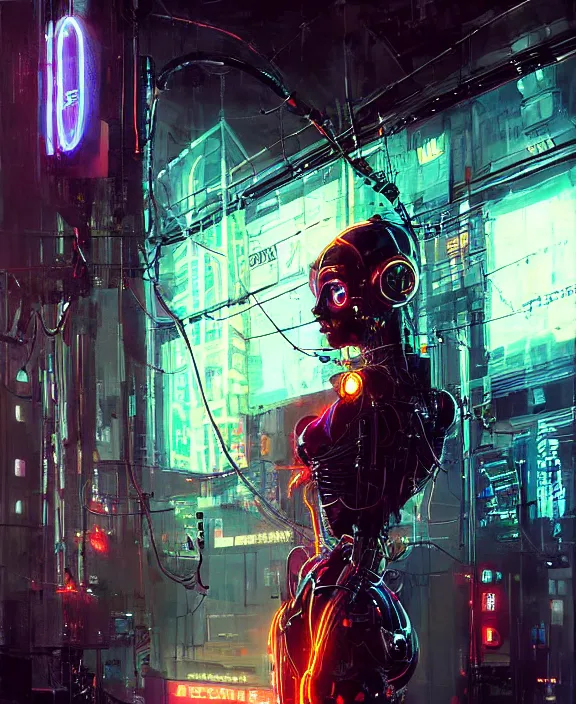 Prompt: cute robot cyborg woman, many wires and neon lights exposed, metal and glowing eyes, cyberpunk, highly detailed painting by jeremy mann and cd projekt red