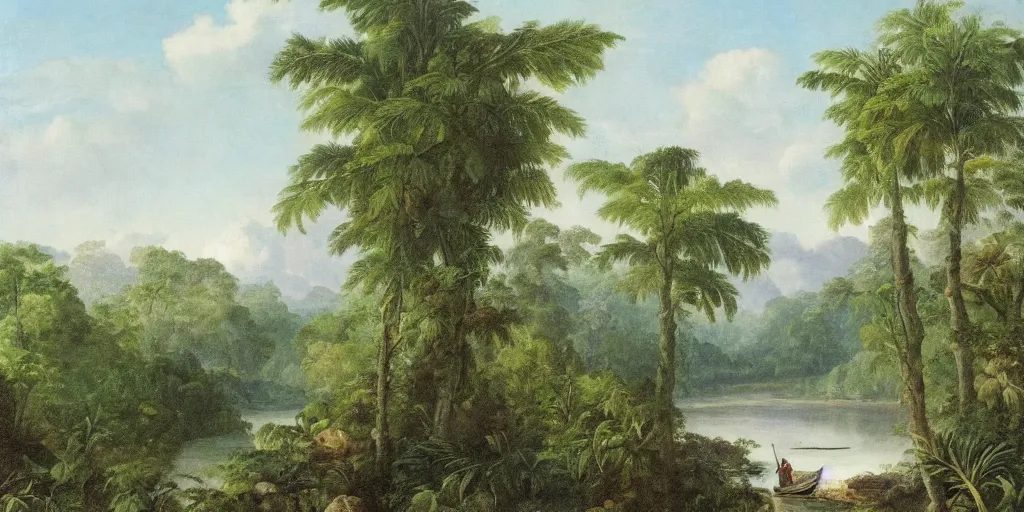 Image similar to painting of a river in the jungle with a small boat in the distance