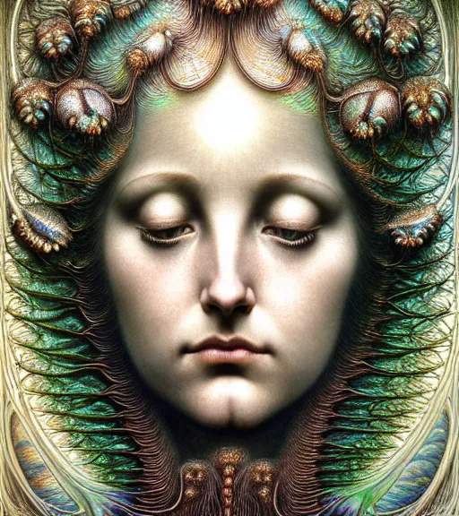 Image similar to detailed realistic beautiful iridescent goddess face portrait by jean delville, gustave dore, iris van herpen and marco mazzoni, art forms of nature by ernst haeckel, art nouveau, symbolist, visionary, gothic, neo - gothic, pre - raphaelite, fractal lace, intricate alien botanicals, biodiversity, surreality, hyperdetailed ultrasharp octane render