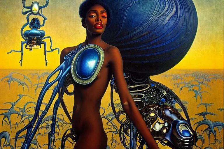 Image similar to realistic extremely detailed portrait painting of a beautiful black woman with a robot, futuristic sci-fi landscape on background by Jean Delville, Amano, Yves Tanguy, Mark Brooks, Alphonse Mucha, Ernst Haeckel, Edward Robert Hughes, Roger Dean, rich moody colours, blue eyes