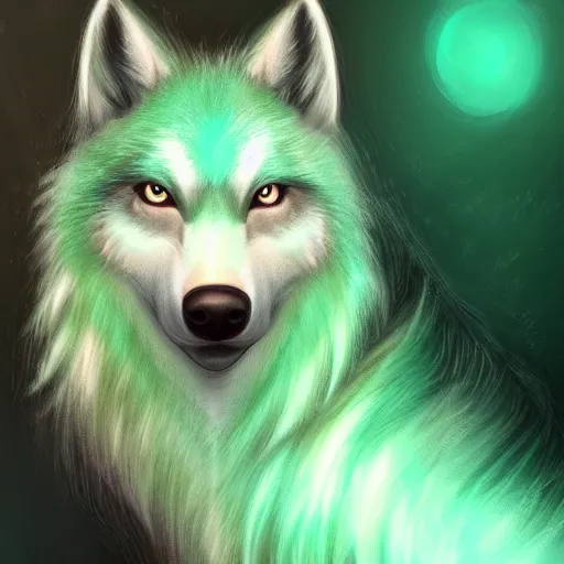 Prompt: Beautiful Digital Portrait Drawing of Mint-Colored Anthropomorphic Unicorn Wolf,Trending on Artstation