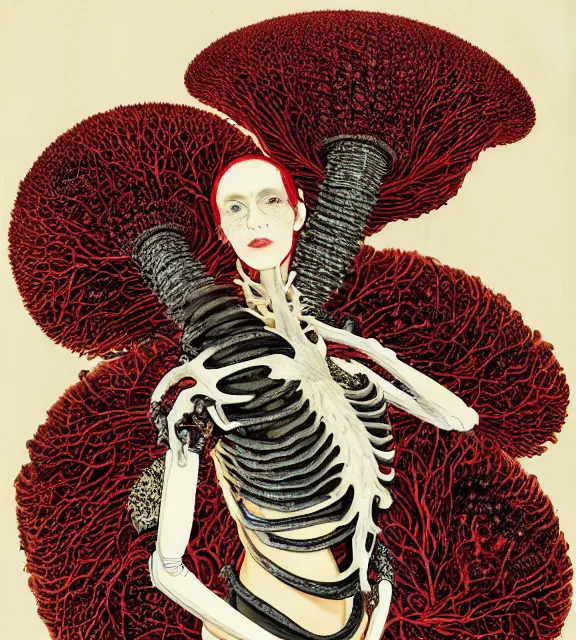 Prompt: still frame from Prometheus, harvest goddess cyborg in crimson filament mycelium, dressed by Neri Oxman and alexander mcqueen, metal couture haute couture editorial by utagawa kuniyoshi by giger