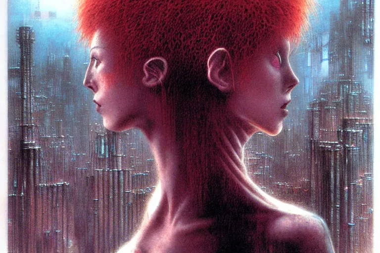 Image similar to cute redhead girl with short hairs in cybercity by luis royo and wayne barlowe, beksinski