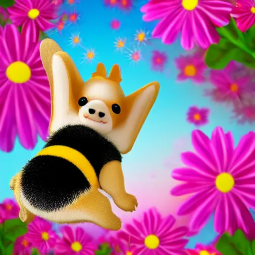 Image similar to corgi flying around flowers as a bee, cute, happy, realistic, sparkling petals, action shot