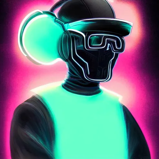 Image similar to a black shiny synthwave android with a visor, a sweatshirt and a cool hat, digital art, cyberpunk, vivid, technological