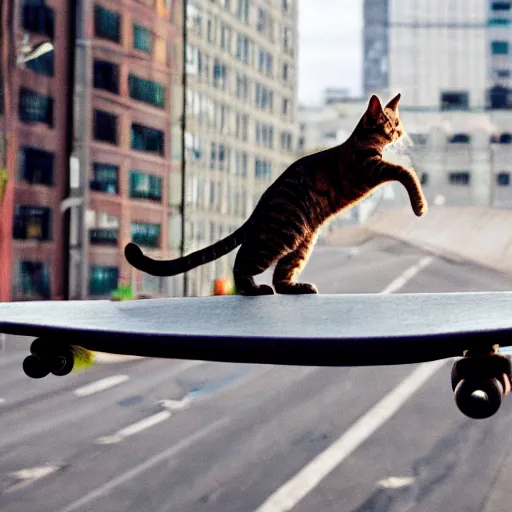 Prompt: cat flying over the city on a skateboard