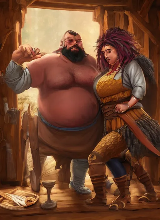 Image similar to an epic fantasy comic book style portrait painting of a hearty man with a big belly and thick beard and large woman who are a couple in a tavern with them both wearing aprons, unreal 5, daz, hyperrealistic, octane render, cosplay, rpg portrait, dynamic lighting