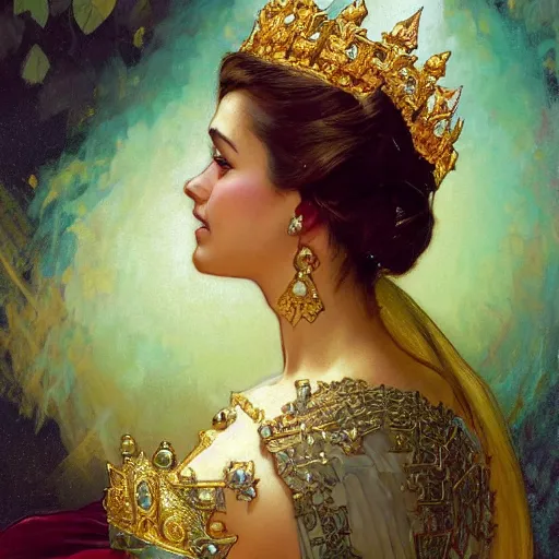 Image similar to side portrait of a young queen with a golden jeweled crown, head only, headshot, royalty, surrounded by gold leaves by Stanley Artgerm Lau , greg rutkowski, thomas kindkade, alphonse mucha, loish, norman rockwell, J. C. Leyendecker. white hair, black eyes, mouth slightly open, thorn border around the image. D&D, fantasy. Trending on artstation rule of thirds, detailed illustration, detailed lighting hd 4k