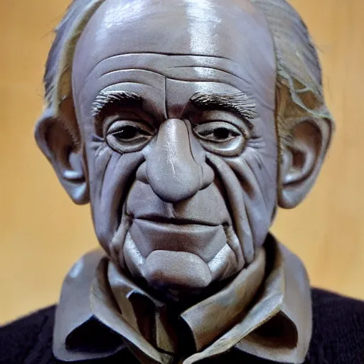 Prompt: wooden sculpture of elie wiesel, polished maple, thoughtful, elegant, real