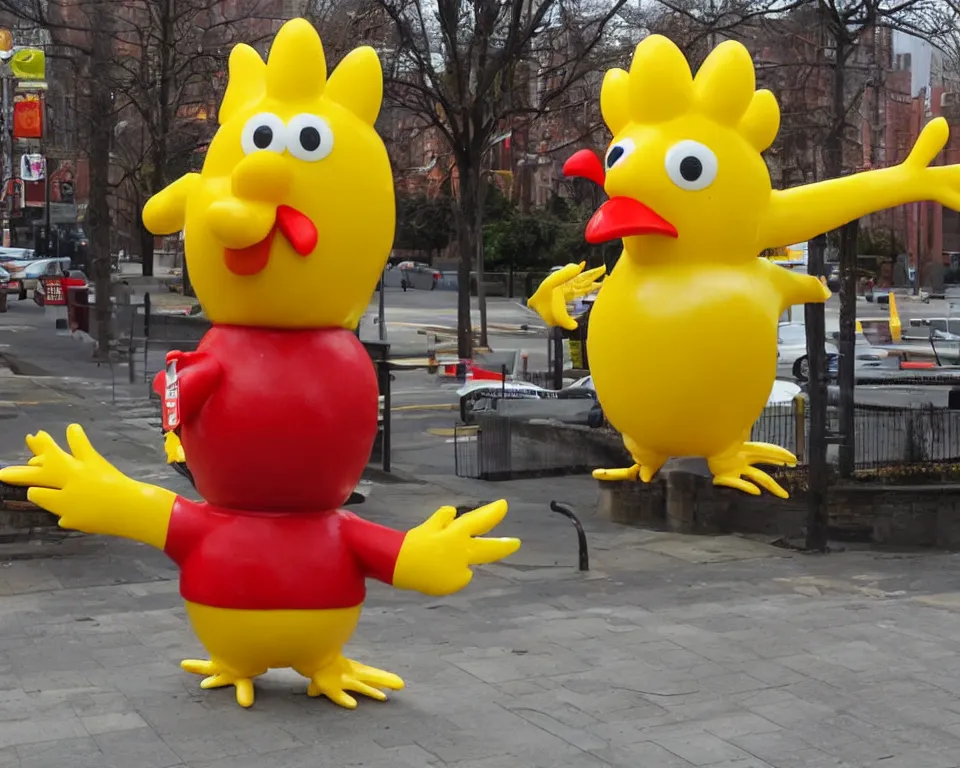 Image similar to the chicken mascot is outside of mcdonald's. it is a yellow chicken with a red mcdonald's hat on its head.