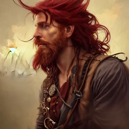 Image similar to rugged playful pirate, 3 0 years old, male, handsome, masculine, red hair, long hair, soft hair, fantasy, intricate, elegant, highly detailed, steampunk, airship, digital painting, artstation, concept art, character art, smooth, sharp focus, illustration, art by artgerm and greg rutkowski and alphonse mucha