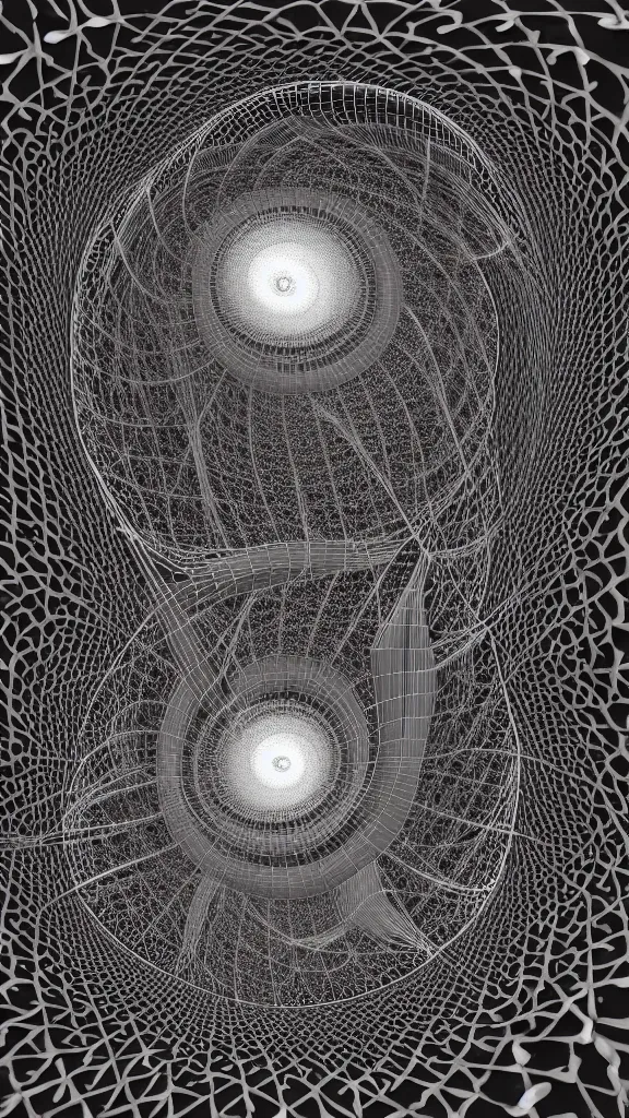 Image similar to 3d fractal wallpaper by Escher, geometrical figures, mandelbulb, fragmentarium, 3d effect, picture through the screen, spirals tubes roots, completely filled space, psychedelic!!, 3d fractal background, digital art, high details, depth of field, hard lighting!, trending on artstation, deviantart, octane render, HD, (((Low light))), 8k, eric zener, zdzisław beksiński, dark background